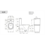 Technical dimension drawing of a wall-mounted toilet with front, side, and back views, including measurements and part numbers on a white background.