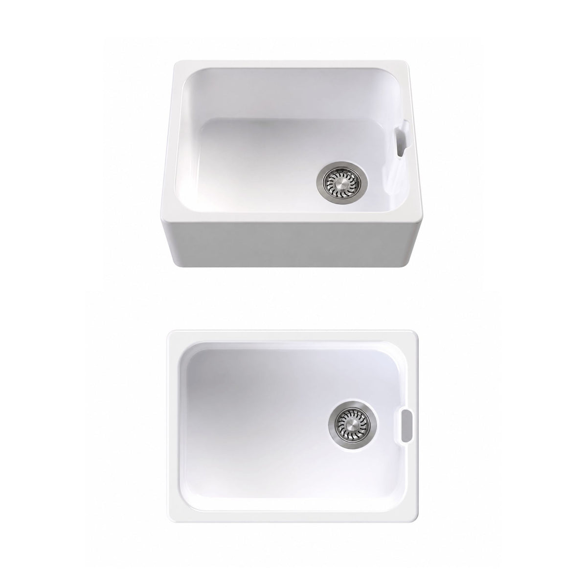 Two white rectangular farmhouse-style kitchen sinks shown from top-down views, one with a drop-in drain and one with a pop-up drain, on a plain white background.