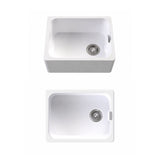 Two white rectangular farmhouse-style kitchen sinks shown from top-down views, one with a drop-in drain and one with a pop-up drain, on a plain white background.