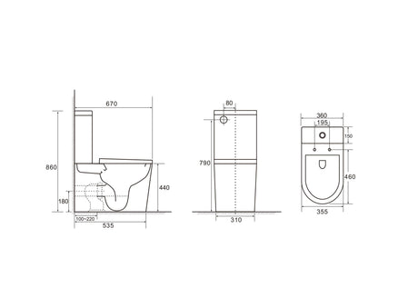 Technical drawing of a toilet with dimensions on a white background