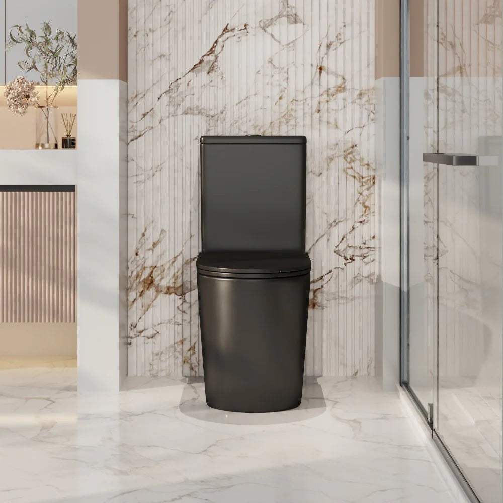 Black toilet in a modern bathroom with marble walls and floor.