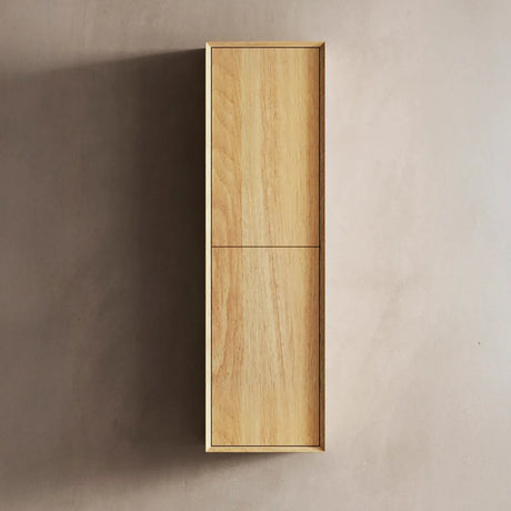 Wooden cabinet on a beige wall