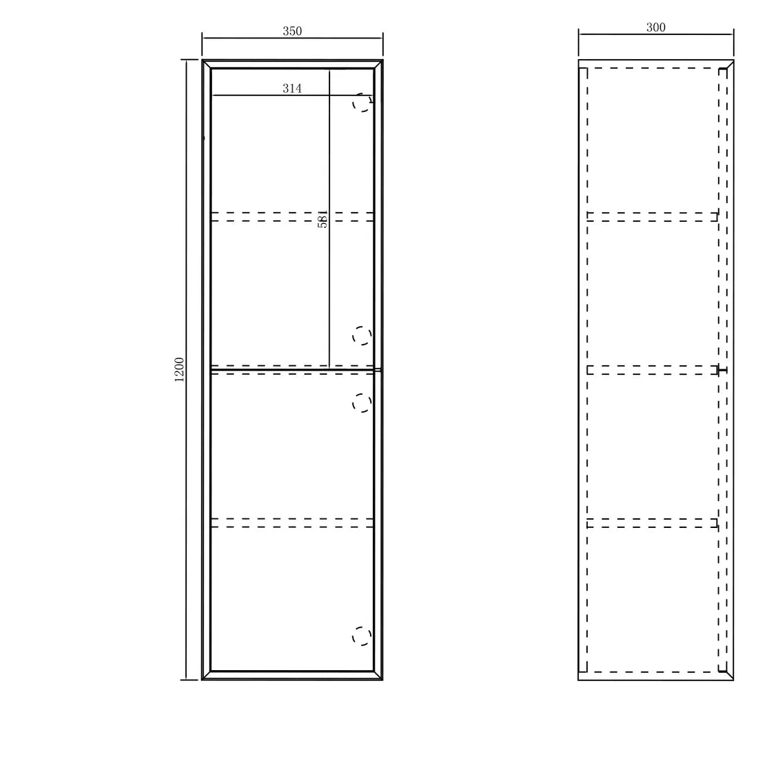 Technical drawing of a rectangular cabinet with dimensions