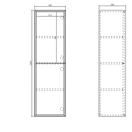 Technical drawing of a rectangular cabinet with dimensions