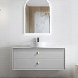 Bathroom vanity with mirror and sink on a light gray wall.