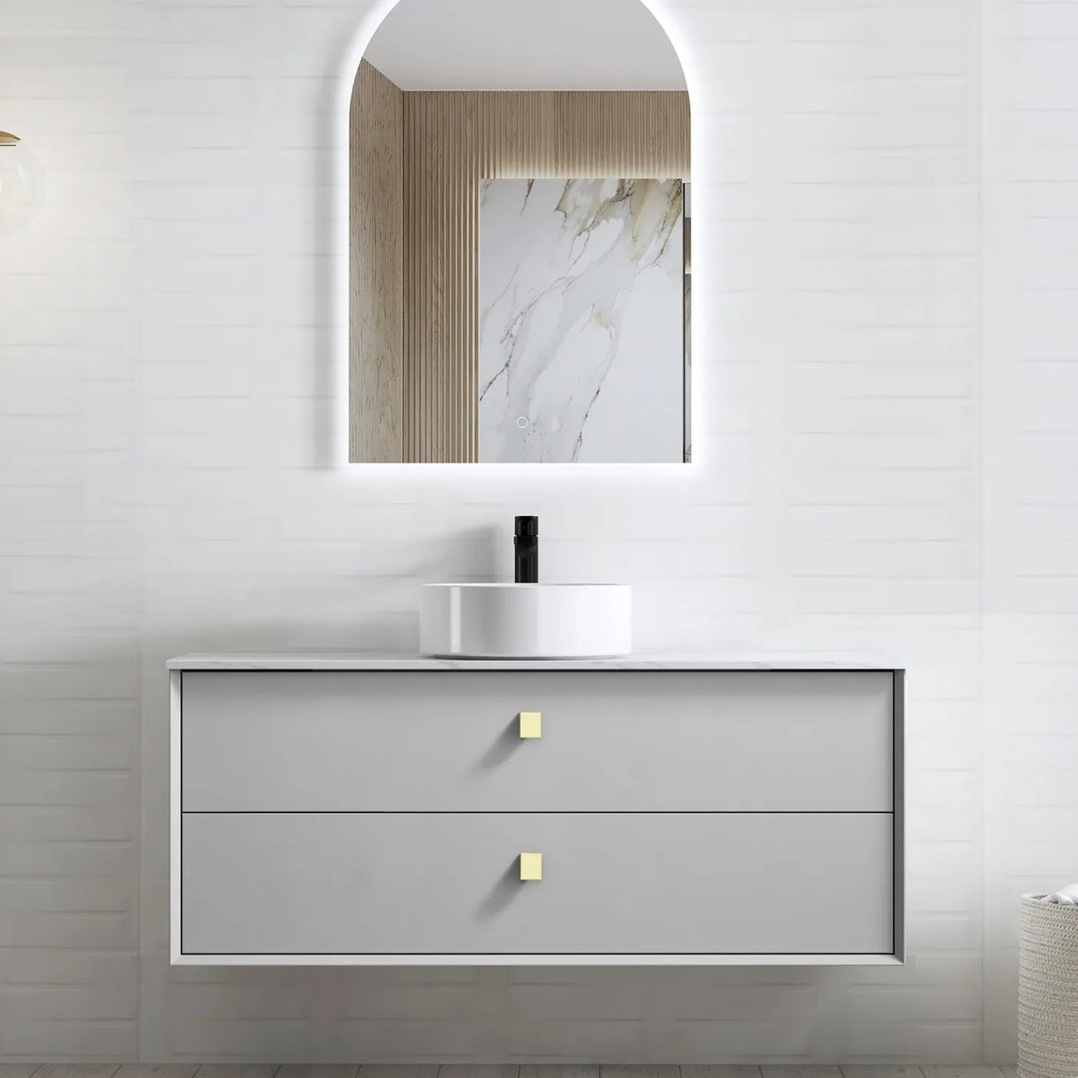 Bathroom vanity with mirror and sink on a light gray wall.