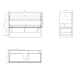 Technical drawing of vanity with dimensions and details on a white background