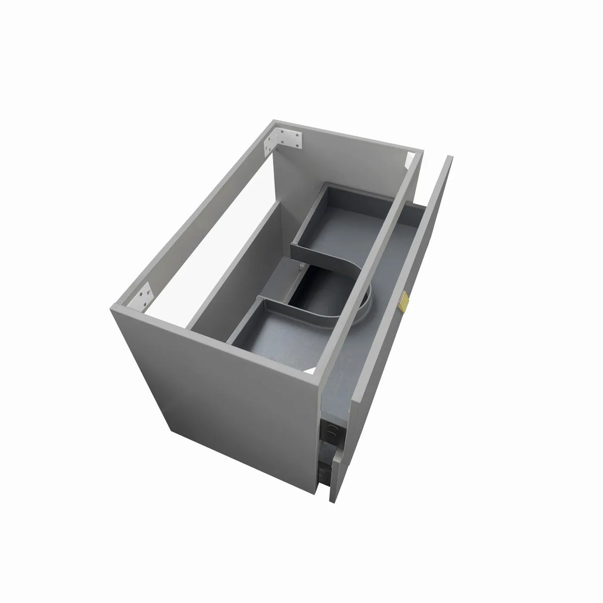 Gray metal cabinet with open drawer on a white background