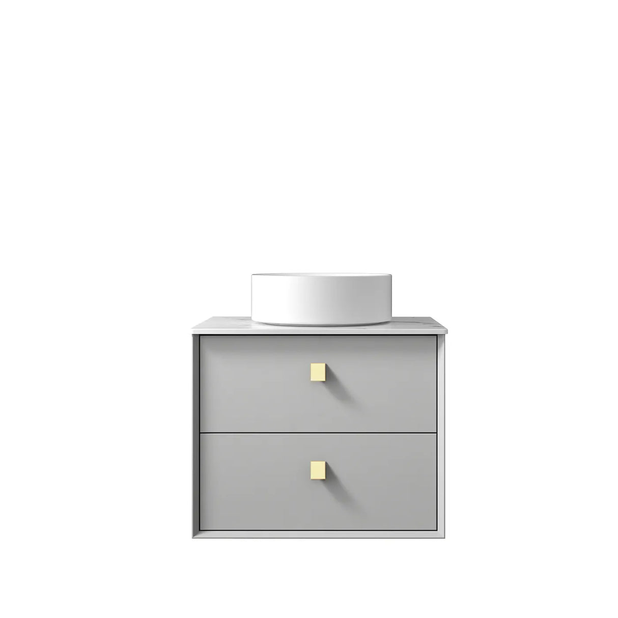 Gray cabinet with two drawers and a round mirror on top against a white background