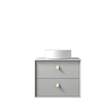 Gray cabinet with two drawers and a round mirror on top against a white background