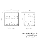 Technical drawing of a vanity with dimensions labeled