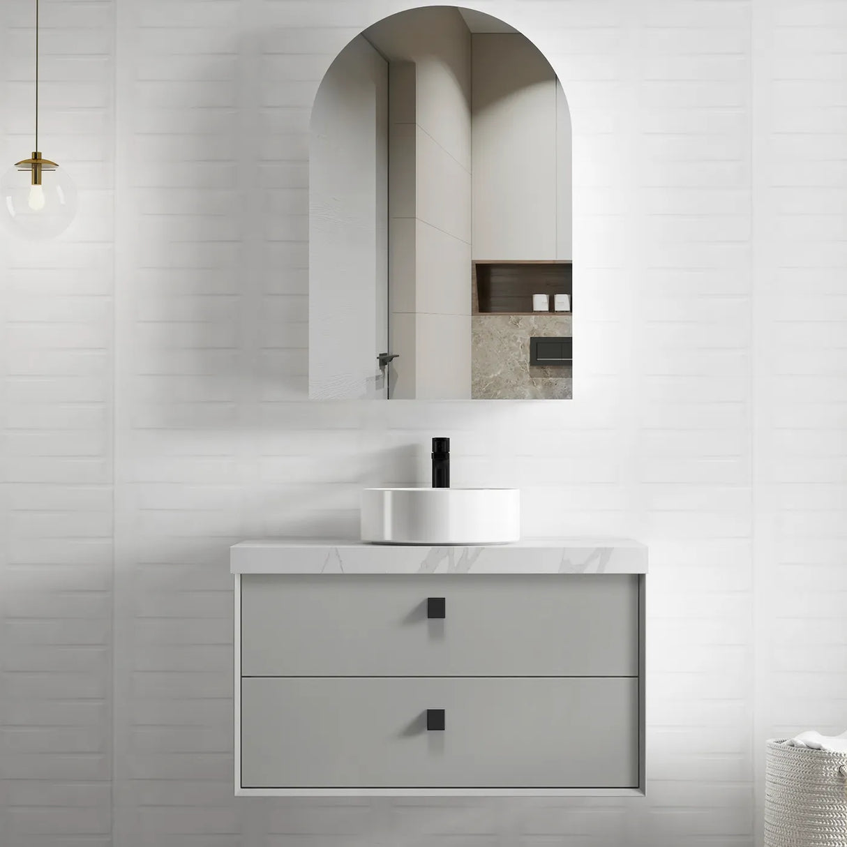 Bathroom vanity with marble countertop and arch-shaped mirror