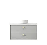 Gray vanity with white countertop and round sink on a white background