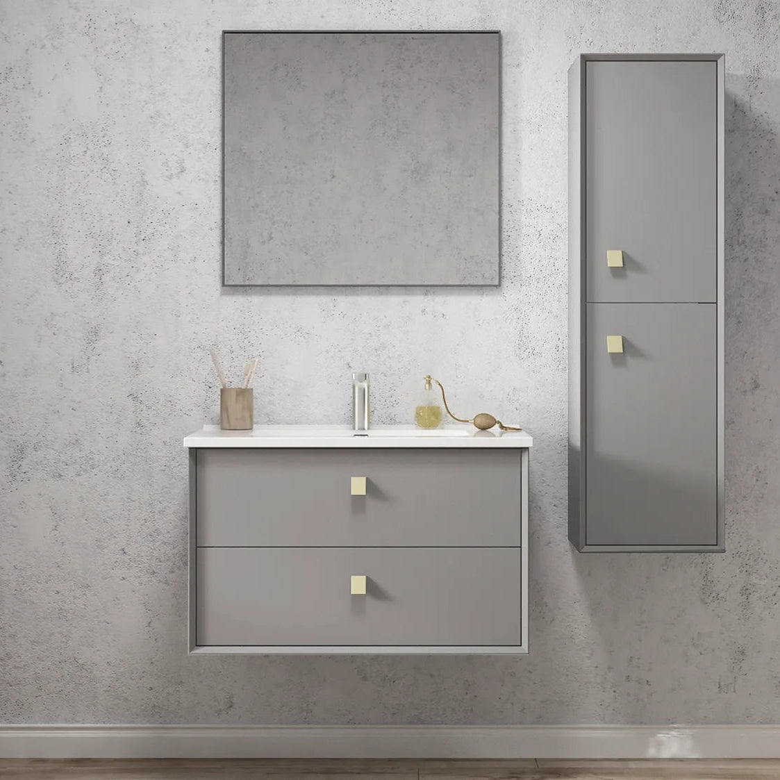 Bathroom vanity with mirror and cabinet against a gray concrete wall.