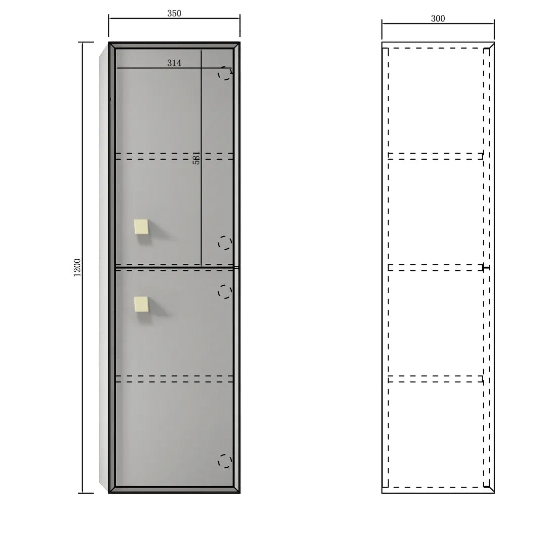 Dimensions of recatangle cabinet with measurements in millimeters on a white background