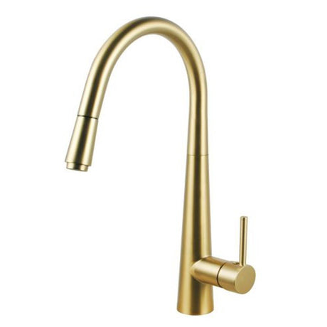 brushed brass kitchen faucet on a white background