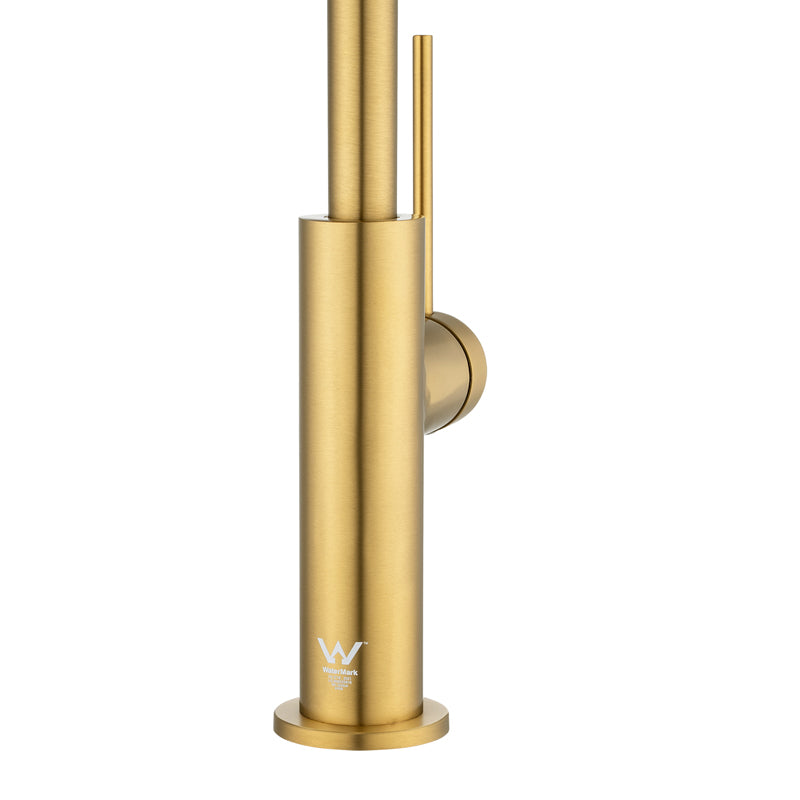 Brushed Brass kitchen faucet on a white background