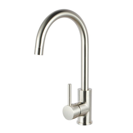 brushed nickel kitchen faucet on a white background