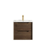 Bathroom vanity with wooden cabinet, white countertop, and gold faucet on a white background