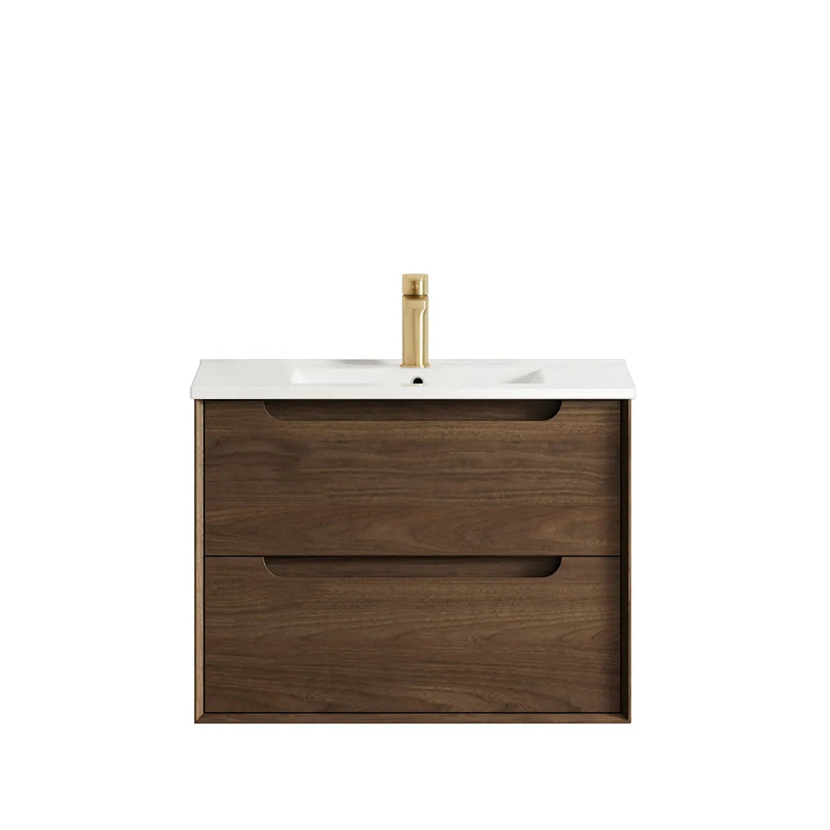 Bathroom vanity with wooden cabinet, white countertop, and gold faucet on a white background