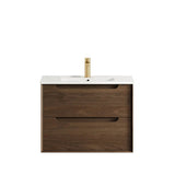 Bathroom vanity with wooden cabinet, white countertop, and gold faucet on a white background