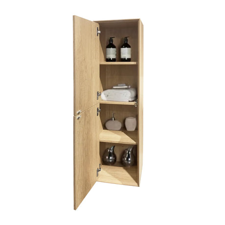 Wooden cabinet with open doors displaying bathroom items on a white background