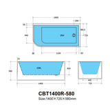 Technical drawing of a rectangular bathtub with dimensions labeled