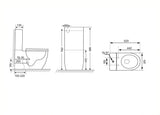 Technical dimension diagram of a toilet showing front, side, and top-down measurements with line drawings and numerical labels on a white background.