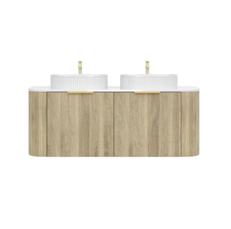 Bathroom vanity with two white sinks and wooden finish on a white background