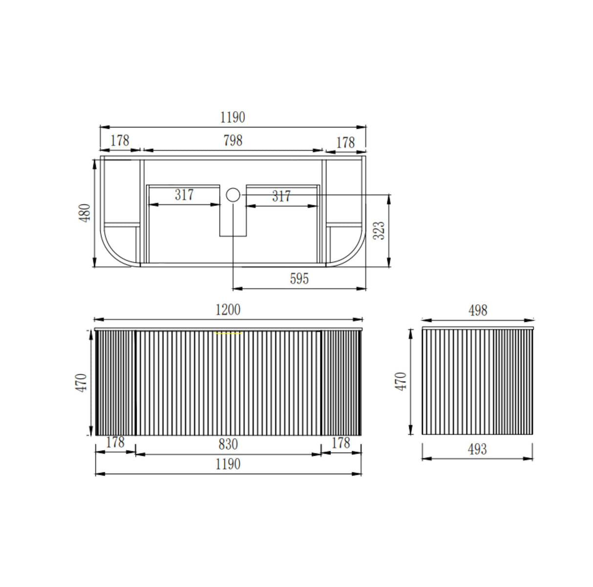 Technical drawing of a bathroom vanity with dimensions