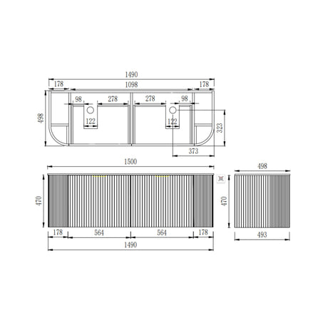 Technical drawing of a bathroom vanity with dimensions
