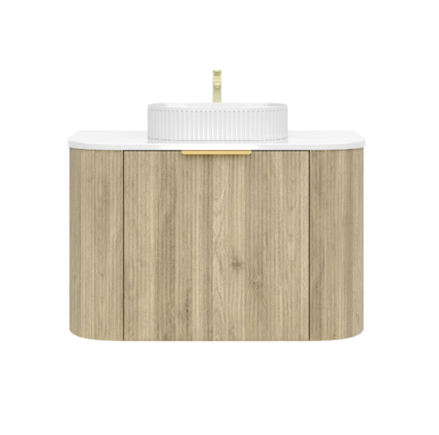 Bathroom vanity with wooden finish and white countertop on a white background