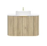 Bathroom vanity with wooden finish and white countertop on a white background