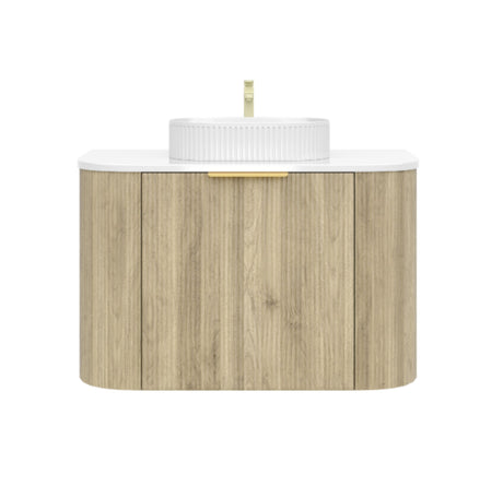 Bathroom vanity with wooden finish and white countertop on a white background