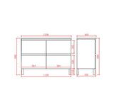 Technical drawing of a free standing vanity with dimensions labeled