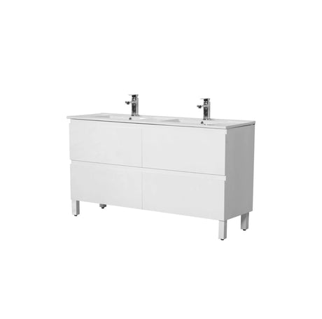 White bathroom vanity with double sink on a white background