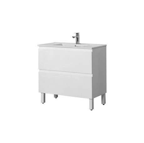 White bathroom vanity with sink on a white background