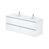 White bathroom vanity with double sink and two faucets on a white background