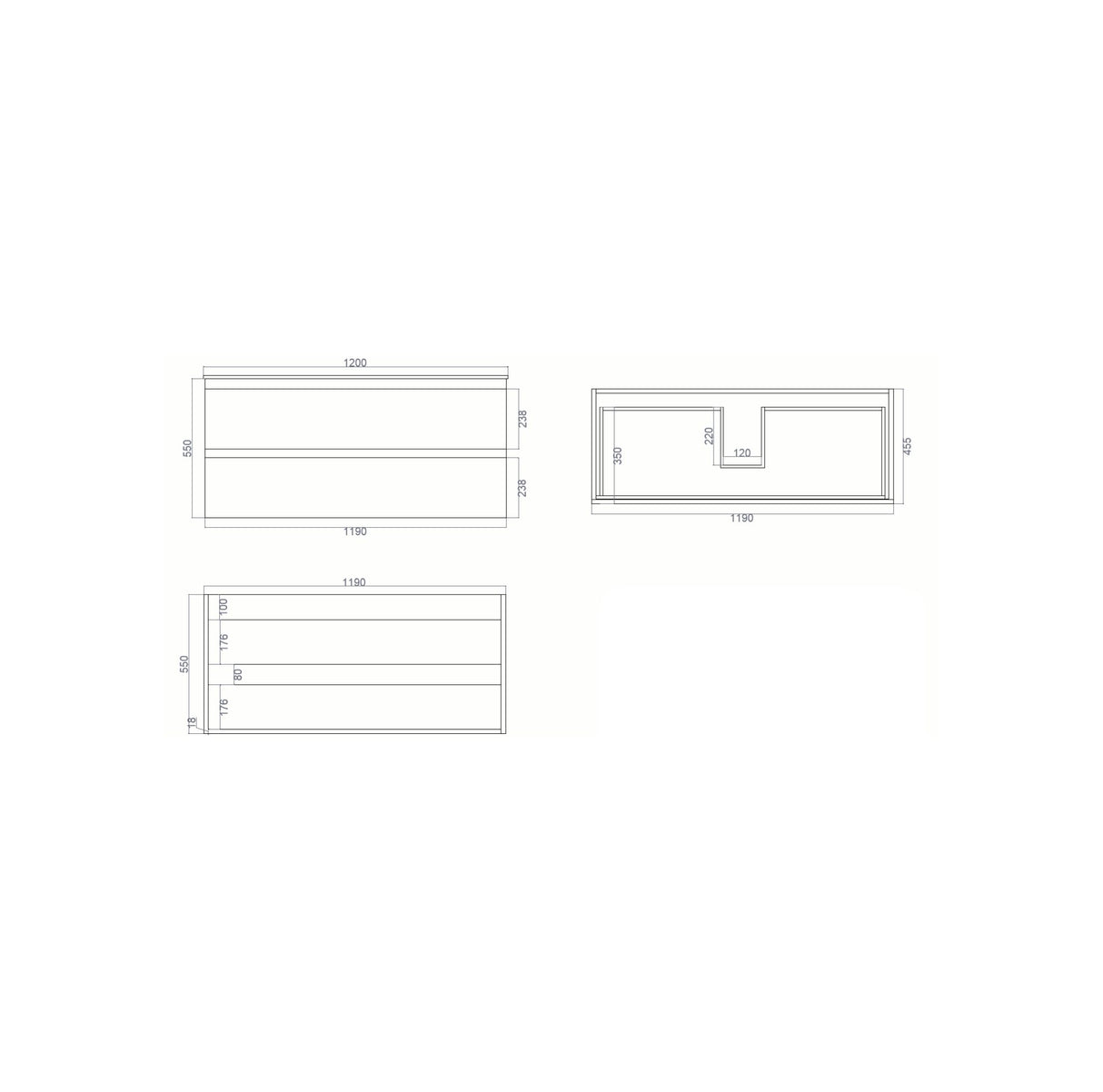 Technical drawing of a white vanity with dimensions on a white background
