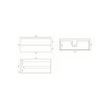 Technical drawing of a white vanity with dimensions on a white background
