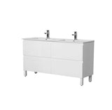 White bathroom vanity with two sinks on a white background