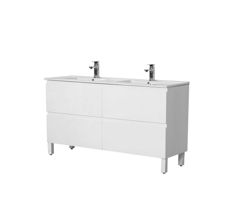 White bathroom vanity with two sinks on a white background