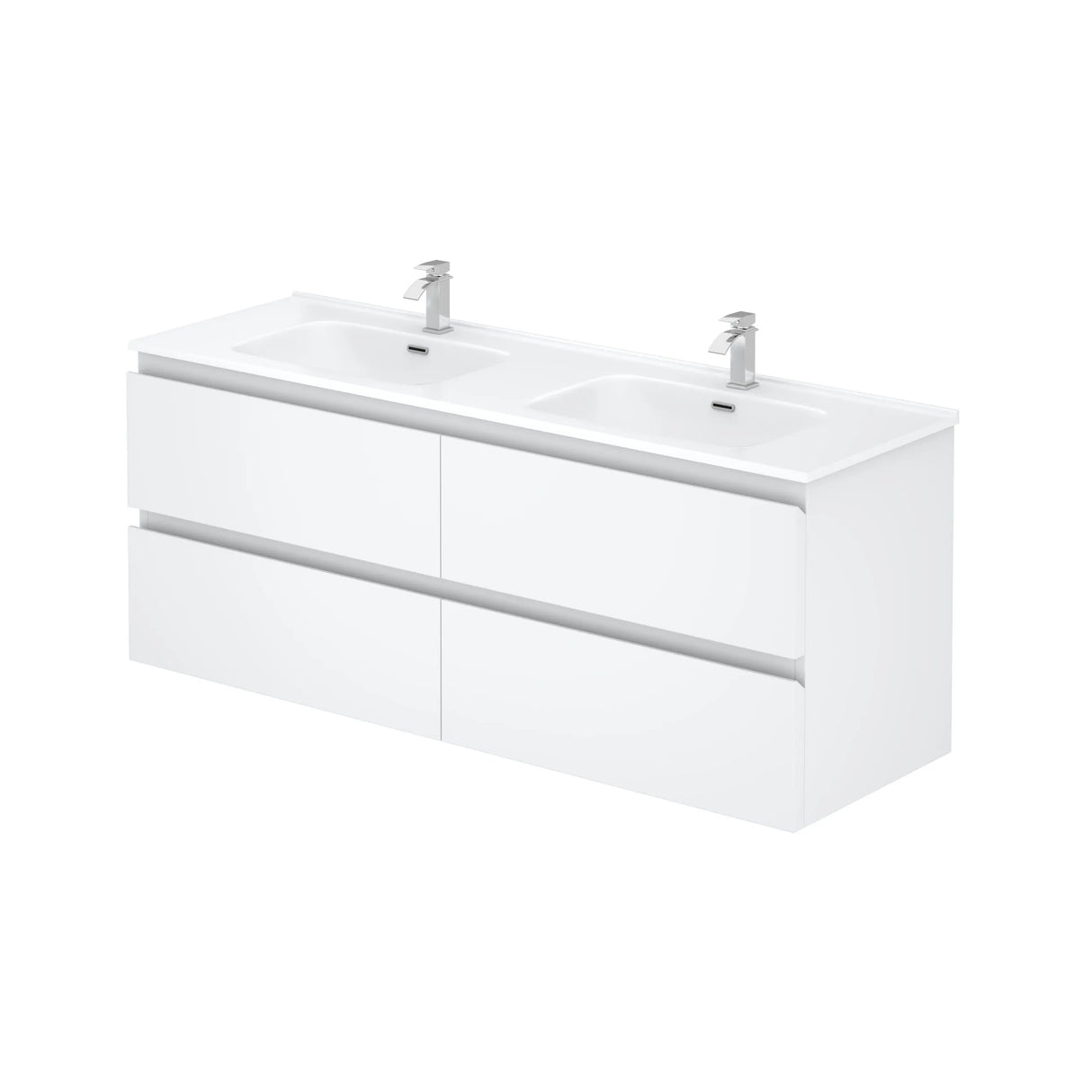 White bathroom vanity with double sink and two faucets on a white background