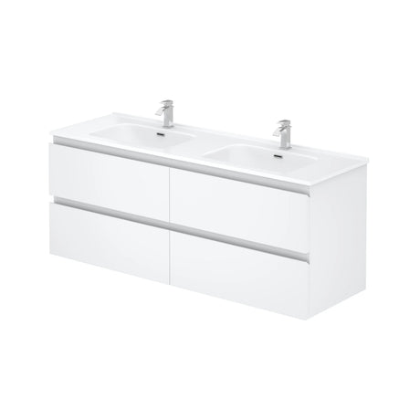 White bathroom vanity with double sink and two faucets on a white background