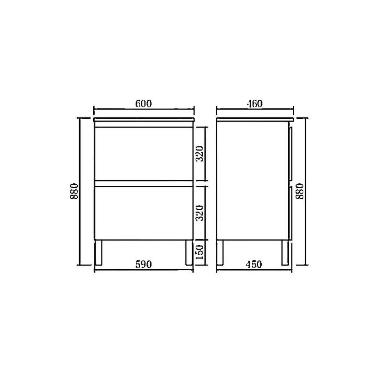 Technical drawing of a free standing vanity with dimensions labeled