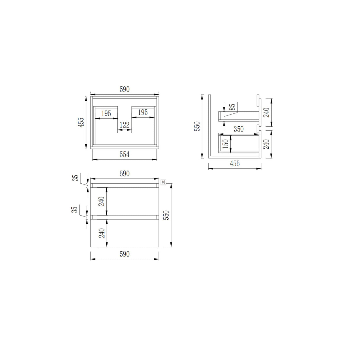 drawing of ceto revive 600mm white wall hung vanity