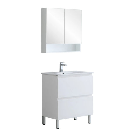 Bathroom vanity with sink and mirror on a white background
