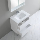 Bathroom vanity with sink and mirror in a modern bathroom setting