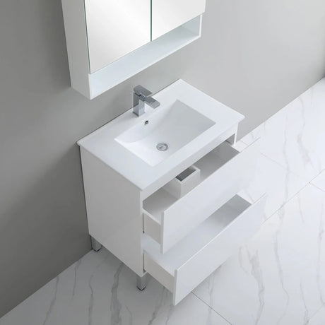 Bathroom vanity with sink and mirror in a modern bathroom setting
