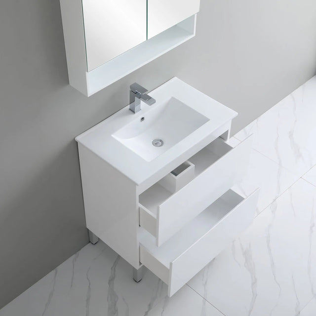 Bathroom vanity with sink and mirror in a modern bathroom setting